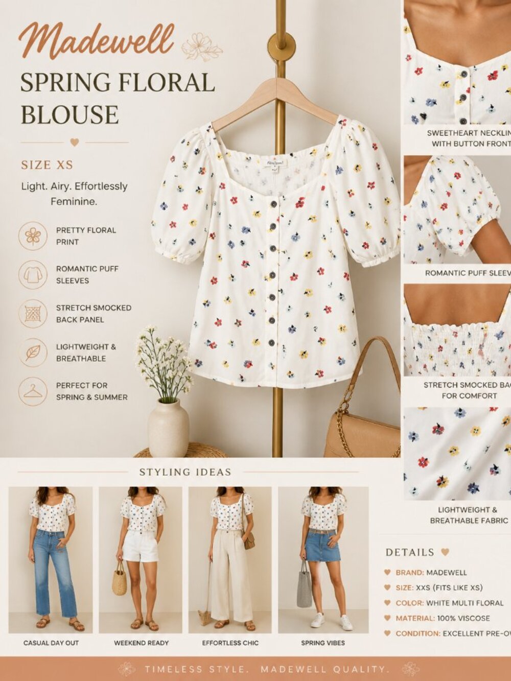 Madewell Spring Floral Blouse Boho Puff Sleeve Square Neck Top Size XS